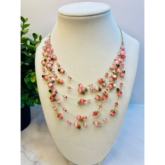 Pink Multi-Strand Beaded Necklace Gold Accents Adjustable Clasp -172 - Picture 1 of 3